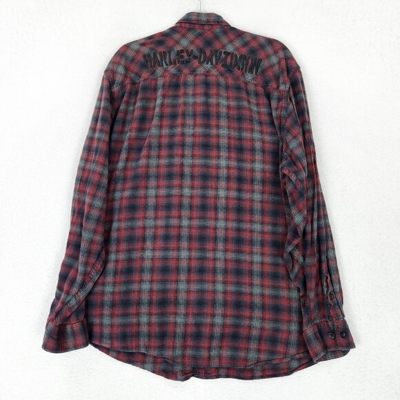 Harley Davidson Shirt Mens 3XL Red Gray Plaid Flannel Button Up Embroidered - Picture 10 of 11